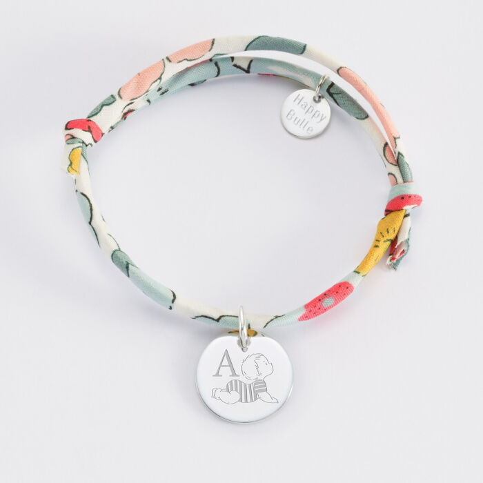 Bracelet enfant Liberty personnalisé initiale médaille gravée argent 15 mm - HappyBulle x Marie Savart - bébé marinière
