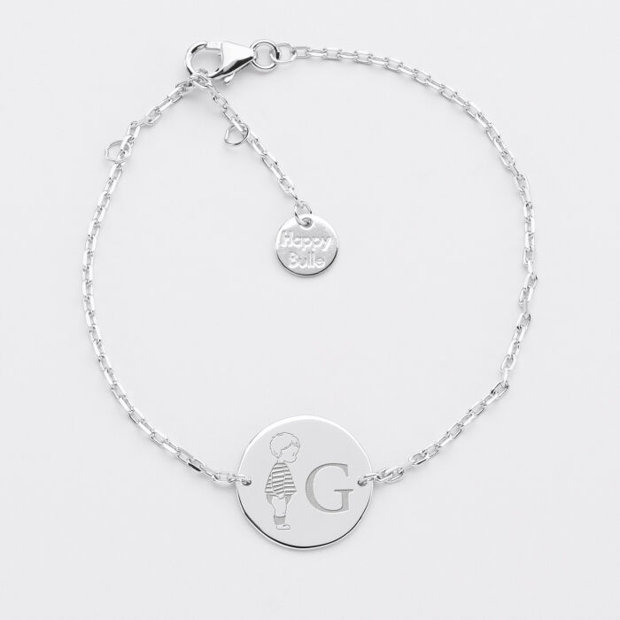 Bracelet enfant chaîne personnalisé initiale médaille gravée argent 2 trous 15 mm - HappyBulle x Marie Savart - bambin marinière