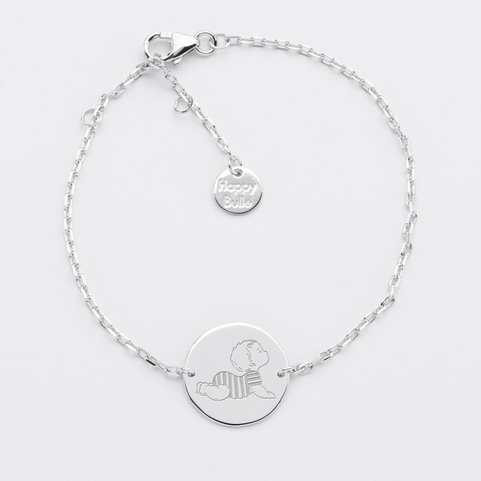 Bracelet enfant chaîne personnalisé illustration médaille gravée argent 2 trous 15 mm - HappyBulle x Marie Savart - bébé marinière