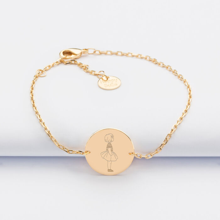 Bracelet enfant chaîne personnalisé illustration médaille gravée plaqué or 2 trous 15 mm - HappyBulle x Marie Savart - fille marinière