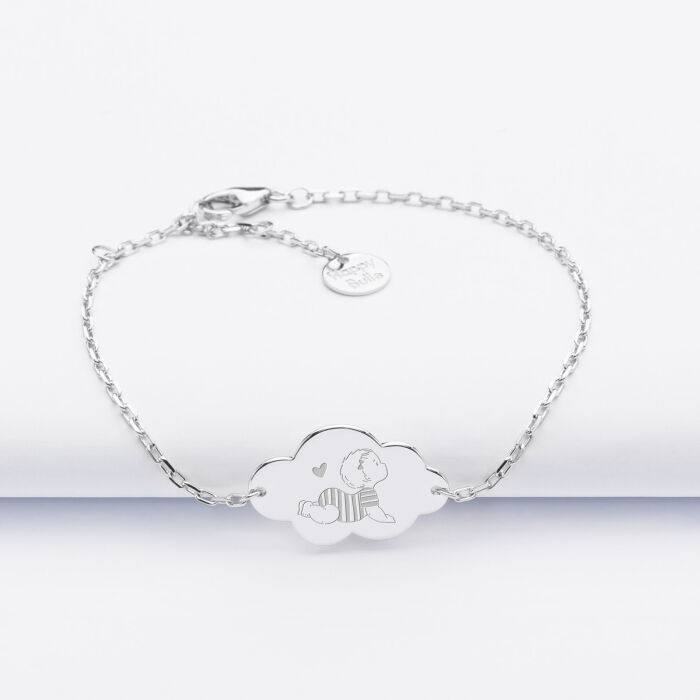 Bracelet chaîne enfant personnalisé illustration bébé médaille gravée argent nuage 2 trous 20x14 mm - HappyBulle x Marie Savart - bébé marinière 2