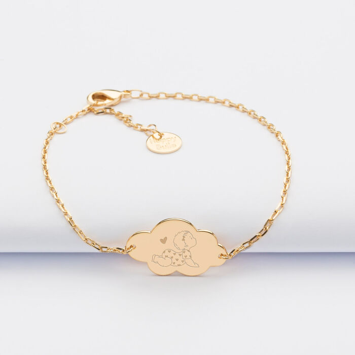 Bracelet chaîne enfant personnalisé illustration bébé médaille gravée plaqué or nuage 2 trous 20x14 mm - HappyBulle x Marie Savart - bébé coeur 2