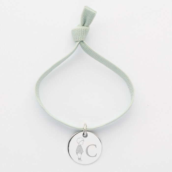 Coffret de bracelets enfant personnalisés initiale cordons élastiques interchangeables médaille gravée argent 15 mm - HappyBulle x Marie Savart - bambin marinière