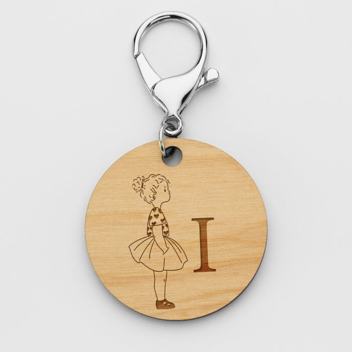 Porte-clés personnalisé initiale gravé bois médaille ronde 50 mm - HappyBulle x Marie Savart - I