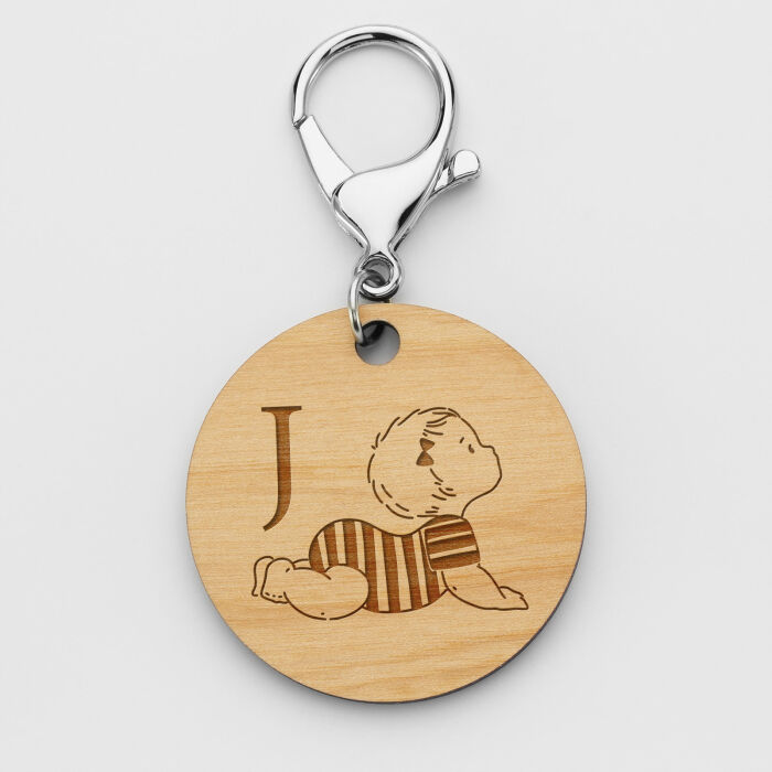 Porte-clés personnalisé initiale gravé bois médaille ronde 50 mm - HappyBulle x Marie Savart - J