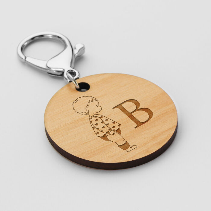 Porte-clés personnalisé initiale gravé bois médaille ronde 50 mm - HappyBulle x Marie Savart - B
