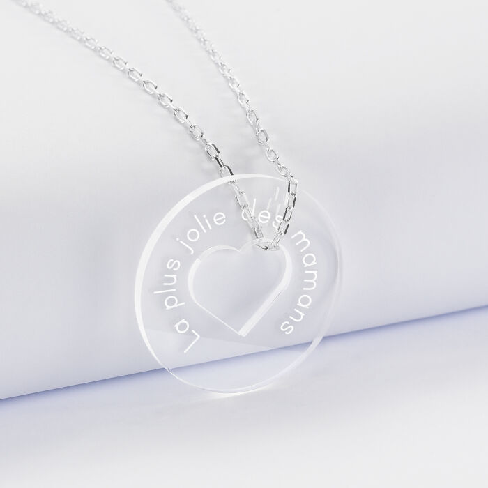 Pendentif personnalisé médaille gravée acrylique cible coeur 28 mm - texte 2
