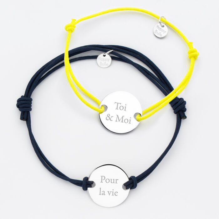 Duo de bracelets personnalisés médailles gravées argent 2 trous 20 mm - texte