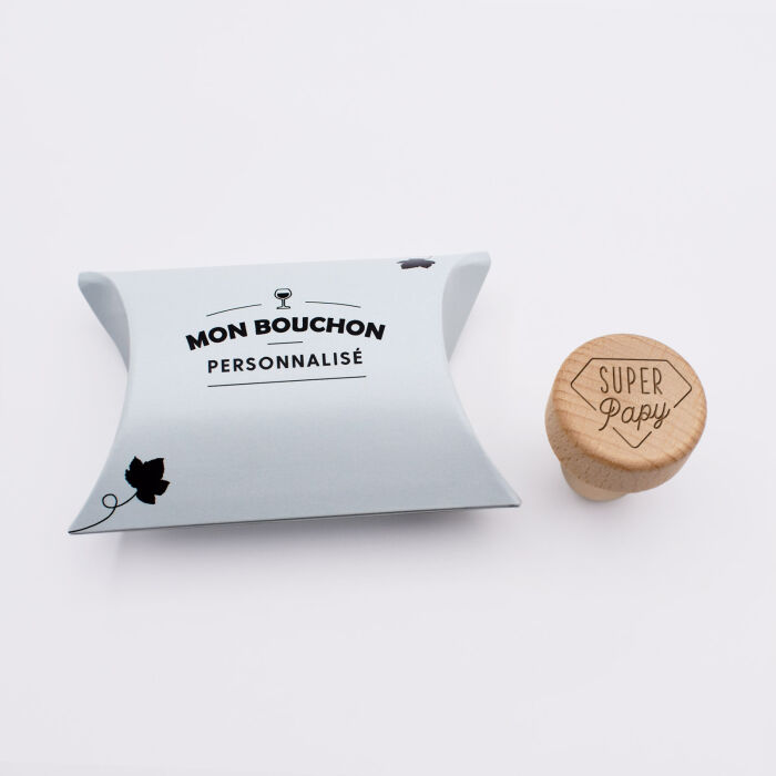 Bouchon de bouteille bois gravé - édition spéciale "Super Papy" - packaging et bouchon