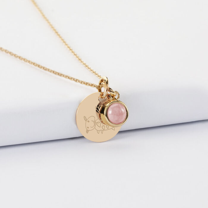 Pendentif enfant personnalisé médaille gravée plaqué or 15 mm et breloque pierre naturelle 8 mm - dessin