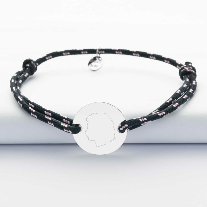 Bracelet homme personnalisé cordage marin simple médaille gravée argent 2 trous 20 mm - "Profil gravé"