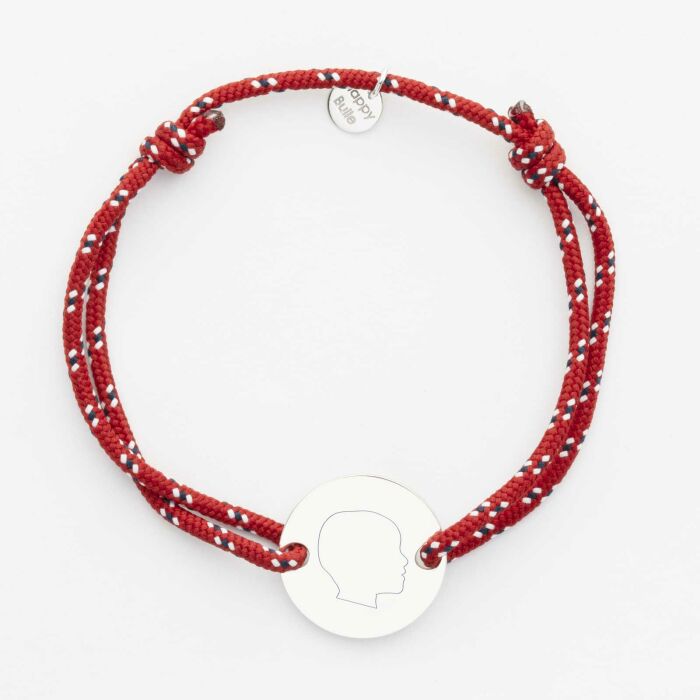 Bracelet homme personnalisé cordage marin simple médaille gravée argent 2 trous 20 mm - "Profil gravé"