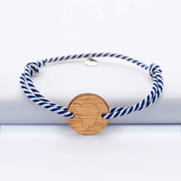 Bracelet homme personnalisé cordon marin tressé médaille gravée bois ronde 2 trous 21 mm - "Profil gravé" - vue de face