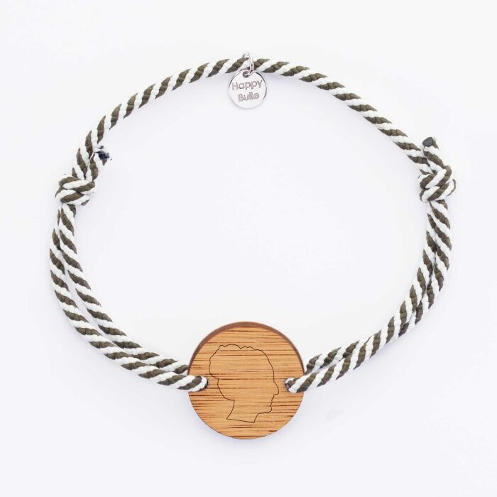 Bracelet homme personnalisé cordon marin tressé médaille gravée bois ronde 2 trous 21 mm - "Profil gravé" - bijou