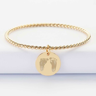Bracelet personnalisé jonc torsadé plaqué or médaille gravée 19 mm - empreintes