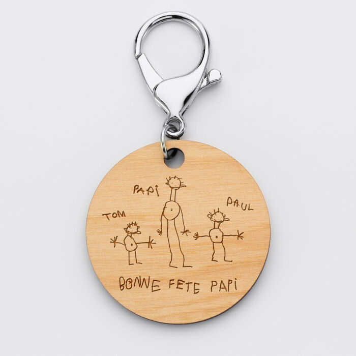 Porte-clés personnalisé prénom médaille gravée bois ronde 50 mm "On t'aime Papy" - dessin verso