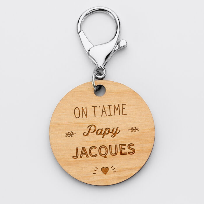 Porte-clés personnalisé prénom médaille gravée bois ronde 50 mm "On t'aime Papy" - 1
