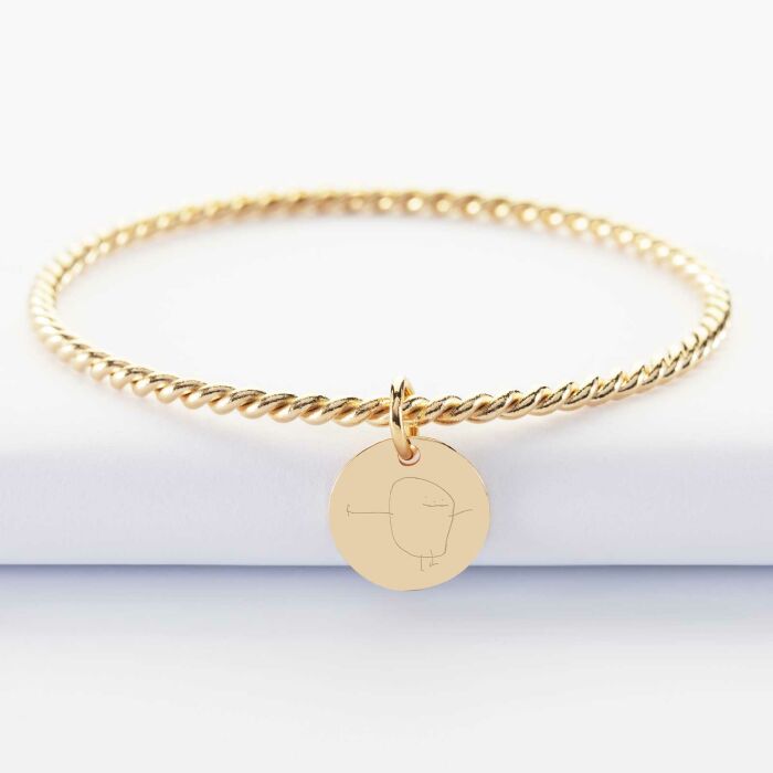 Bracelet personnalisé jonc torsadé plaqué or médaille gravée 15 mm - dessin