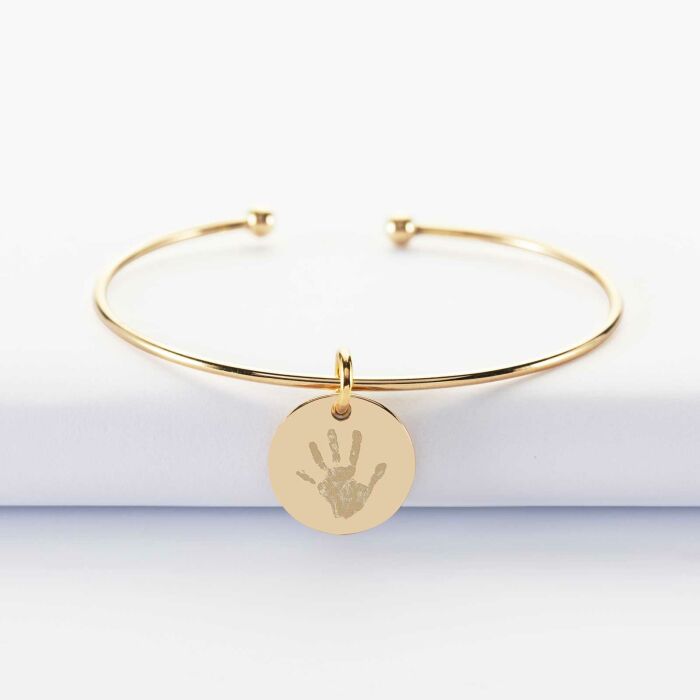 Bracelet personnalisé jonc ouvert plaqué or médaille gravée 15 mm - empreinte