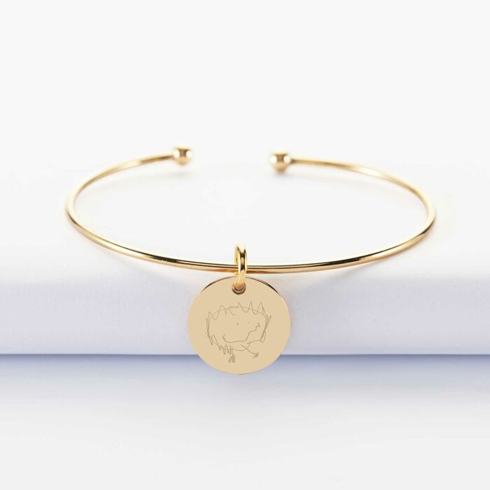 Bracelet personnalisé jonc ouvert plaqué or médaille gravée 15 mm - dessin