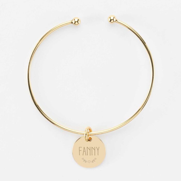 Bracelet personnalisé jonc ouvert plaqué or médaille gravée 15 mm - texte