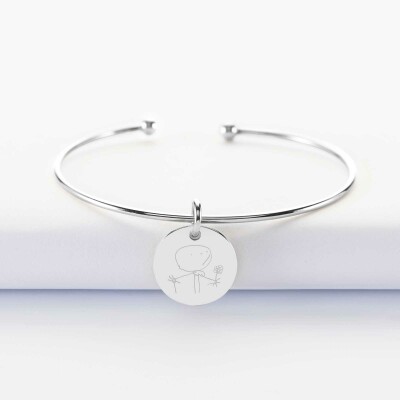 Bracelet personnalisé jonc ouvert argent médaille gravée 15 mm - dessin