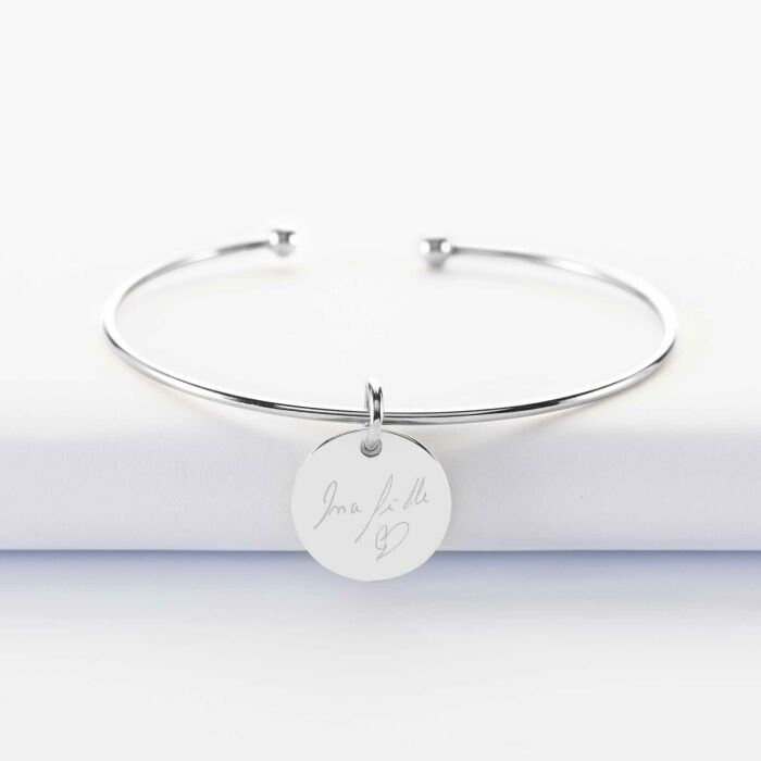 Bracelet personnalisé jonc ouvert argent médaille gravée 15 mm - écrit