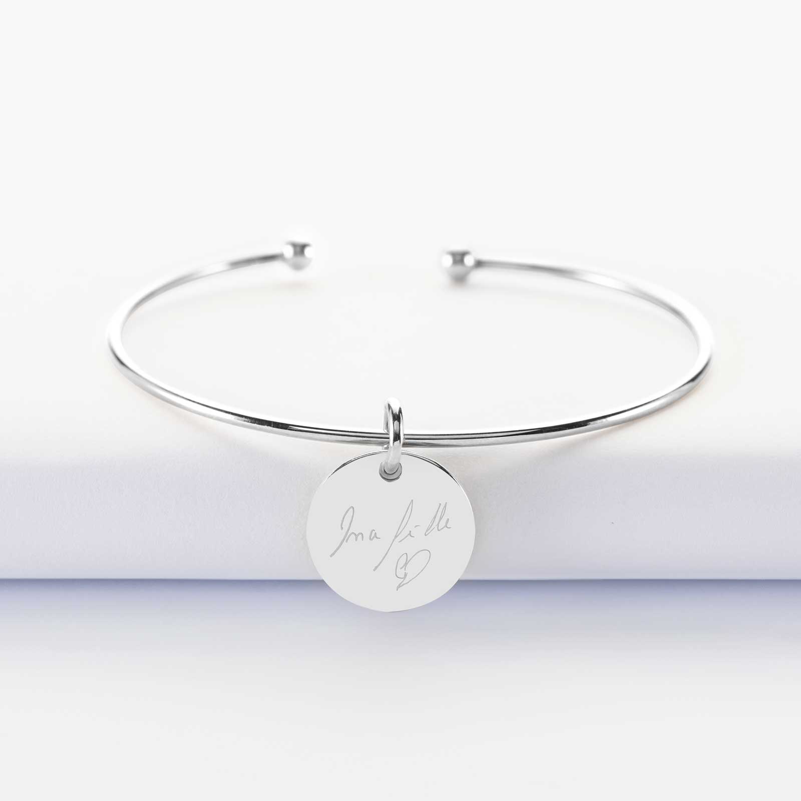 Bracelet jonc argent ouvert boules médaille gravée 15 mm personnalisé
