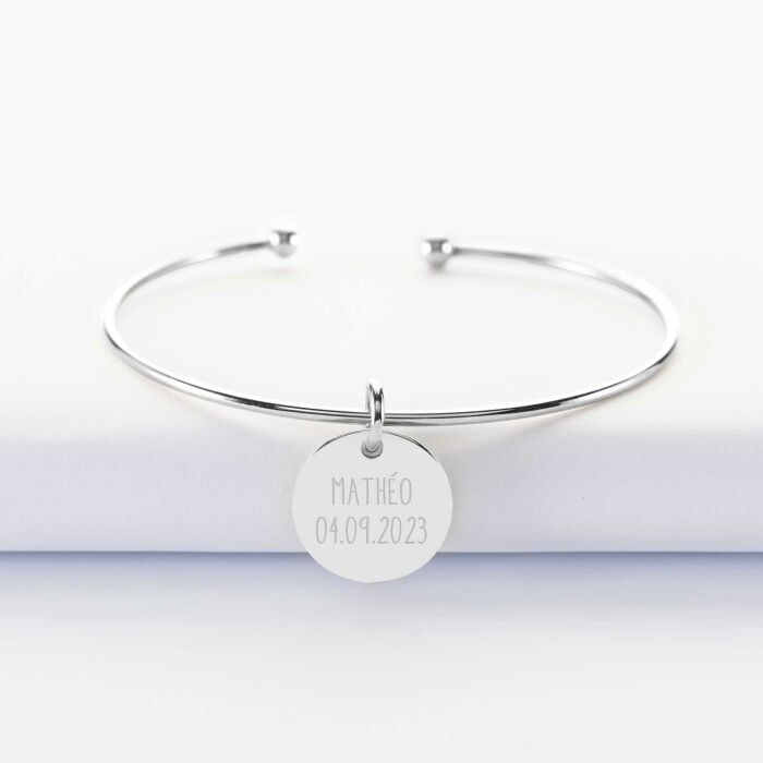 Bracelet personnalisé jonc ouvert argent médaille gravée 15 mm - texte