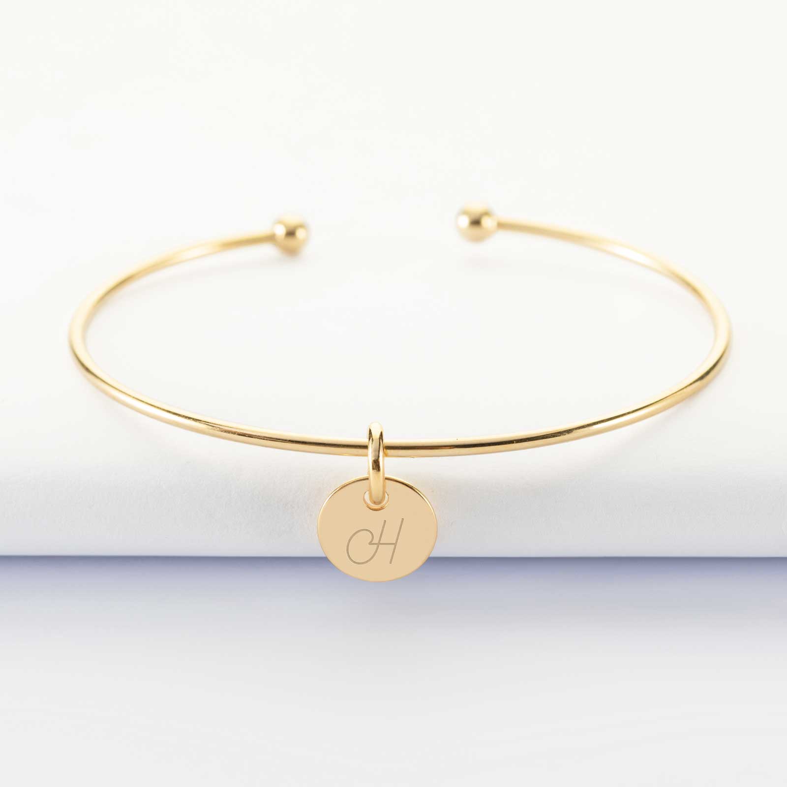 Bracelet personnalisé jonc ouvert boules plaqué or médaille gravée 10