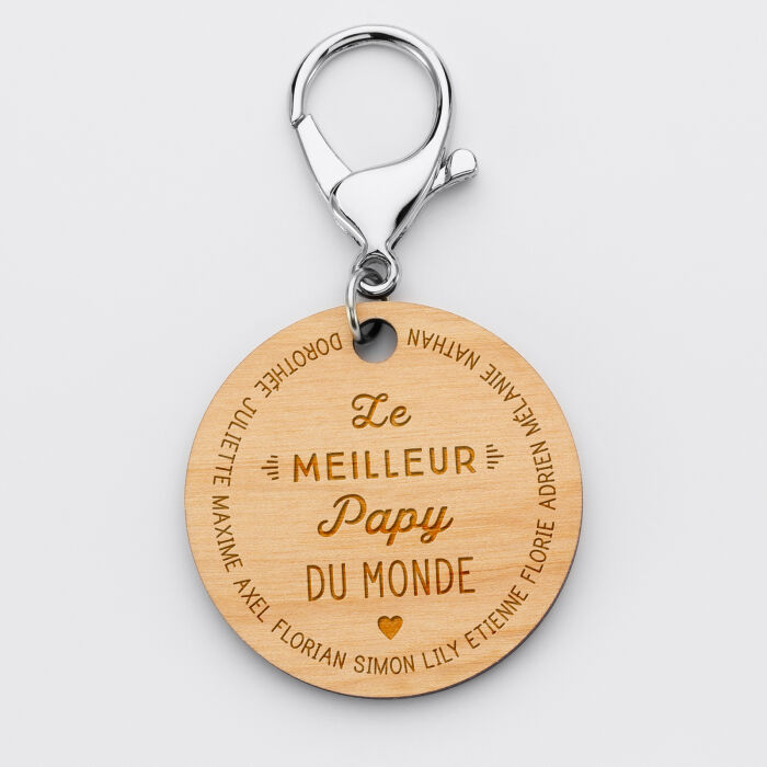 Porte-clés personnalisé prénoms médaille gravée bois ronde 50 mm "Le meilleur Papy du monde" - 1