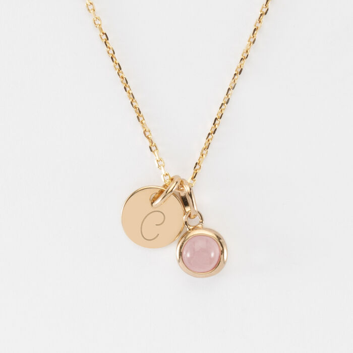 Pendentif personnalisé médaille gravée plaqué or 10 mm et breloque pierre naturelle 8 mm - C
