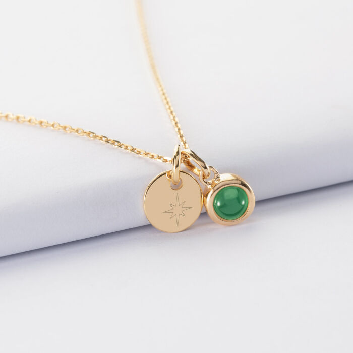 Pendentif personnalisé médaille gravée plaqué or 10 mm et breloque pierre naturelle 8 mm - picto strass