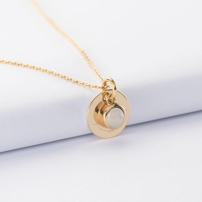 Pendentif réversible personnalisé médaille gravée plaqué or 15 mm et breloque pierre naturelle 8 mm - dessin