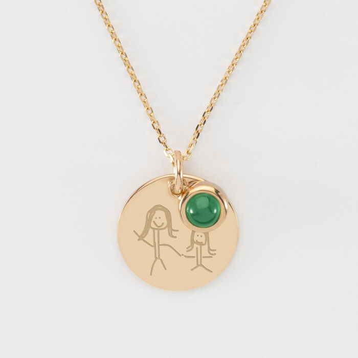 Pendentif réversible personnalisé médaille gravée plaqué or 19 mm et breloque pierre naturelle 8 mm - dessin