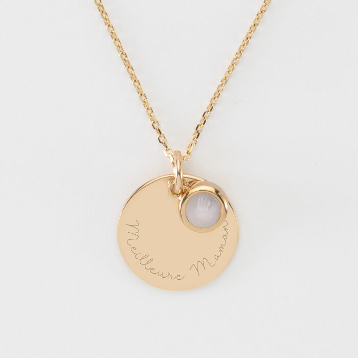 Pendentif réversible personnalisé médaille gravée plaqué or 19 mm et breloque pierre naturelle 8 mm - texte meilleure maman