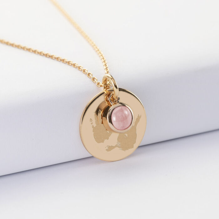 Pendentif réversible personnalisé médaille gravée plaqué or 19 mm et breloque pierre naturelle 8 mm - empreintes