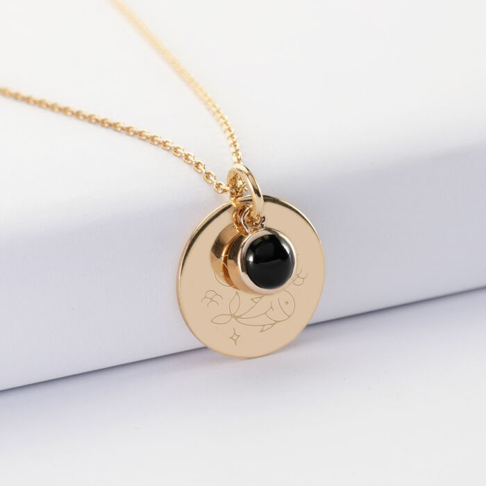 Pendentif réversible personnalisé médaille gravée plaqué or 19 mm et breloque pierre naturelle 8 mm - illustration astro