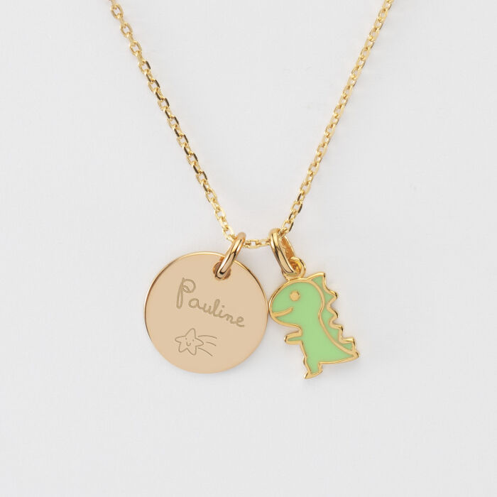 Pendentif enfant personnalisé médaille gravée plaqué or 15 mm et breloque email dinosaure 12 mm - texte + pictogramme