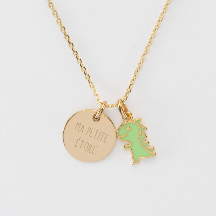 Pendentif enfant personnalisé médaille gravée plaqué or 15 mm et breloque email dinosaure 12 mm - texte