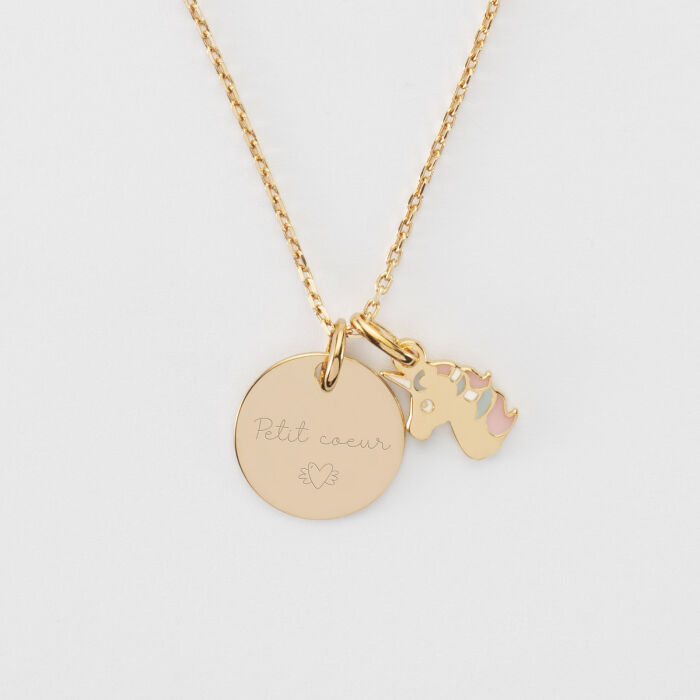 Pendentif enfant personnalisé médaille gravée plaqué or 15 mm et breloque email licorne 12 mm - texte + picto