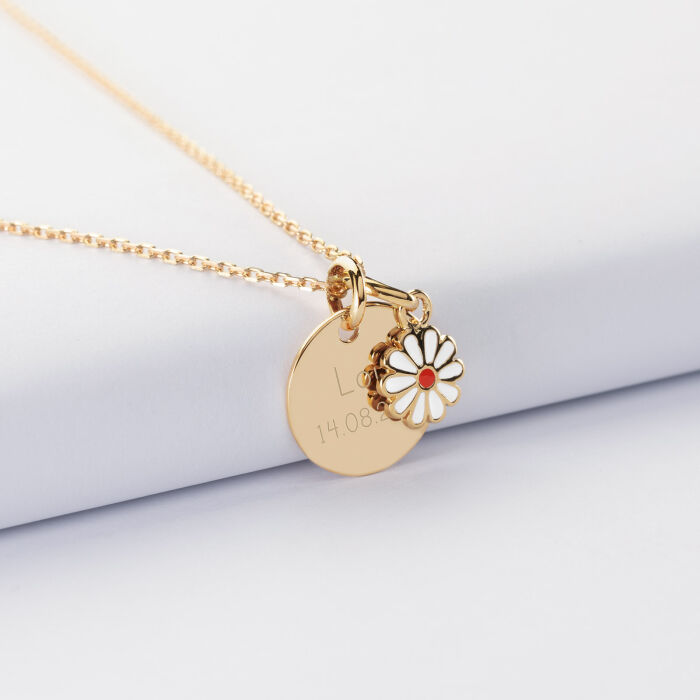 Pendentif enfant personnalisé médaille gravée plaqué or 15 mm et breloque email fleur 8 mm - texte