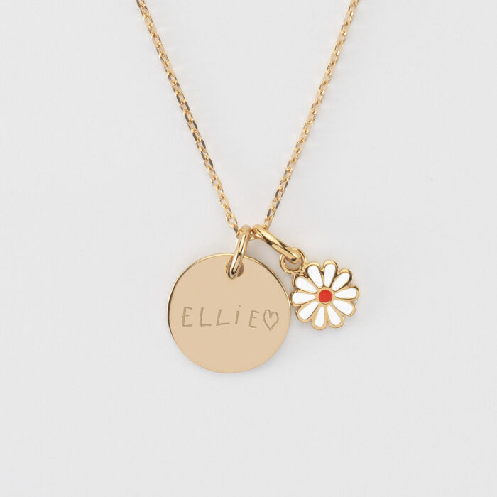 Pendentif enfant personnalisé médaille gravée plaqué or 15 mm et breloque email fleur 8 mm - écrit