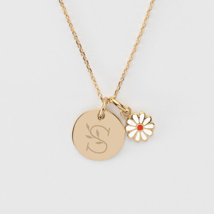 Pendentif enfant personnalisé médaille gravée plaqué or 15 mm et breloque email fleur 8 mm - illustration