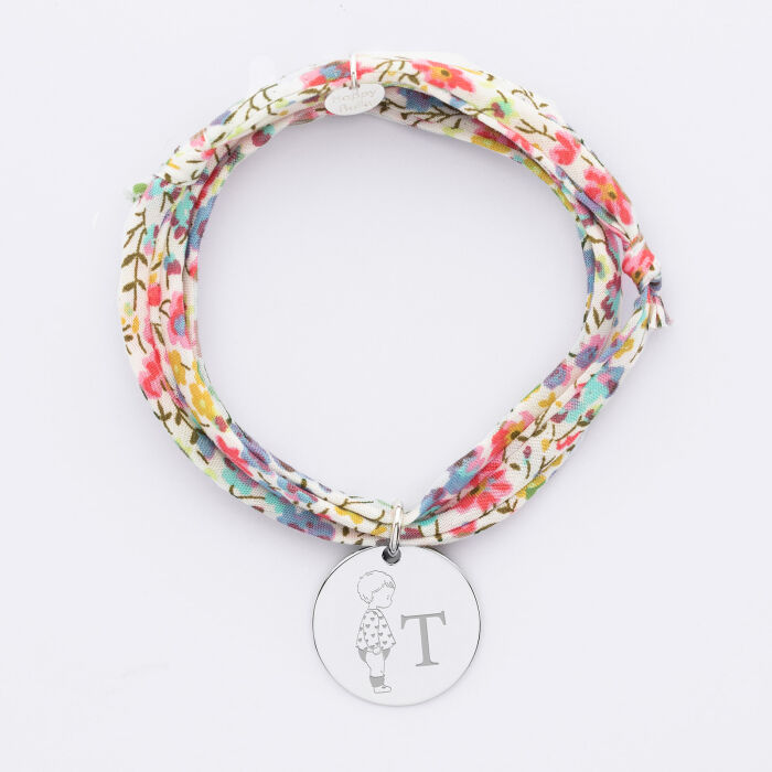 Bracelet 3 tours Liberty personnalisé initiale médaille gravée argent 19 mm - HappyBulle x Marie Savart - bambin coeur