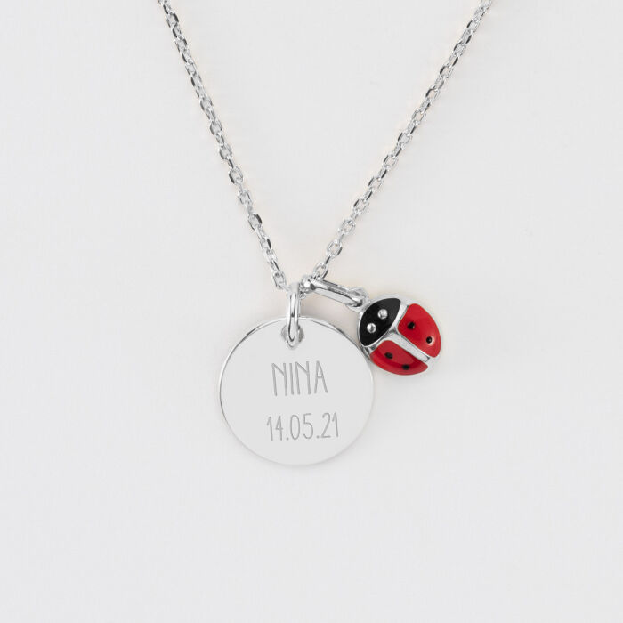 Pendentif enfant personnalisé médaille gravée argent 15 mm et breloque email coccinelle 8 mm - texte