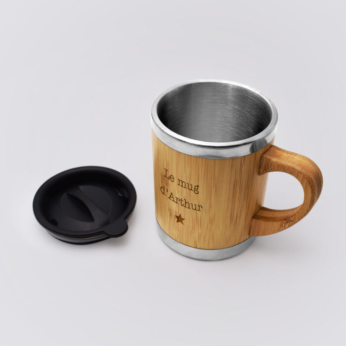 Mug isotherme personnalisé bambou gravé 300 ml - biais texte + pictogramme