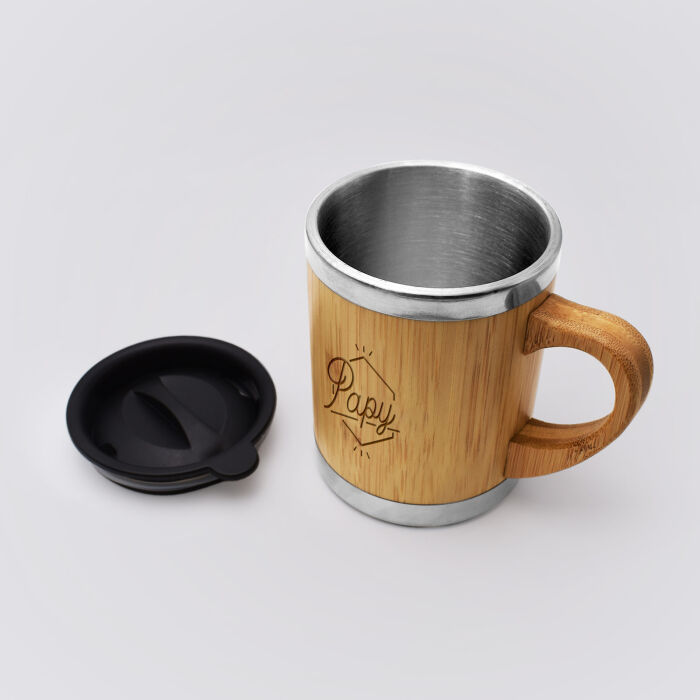 Mug isotherme personnalisé bambou gravé 300 ml - biais illustration Papy