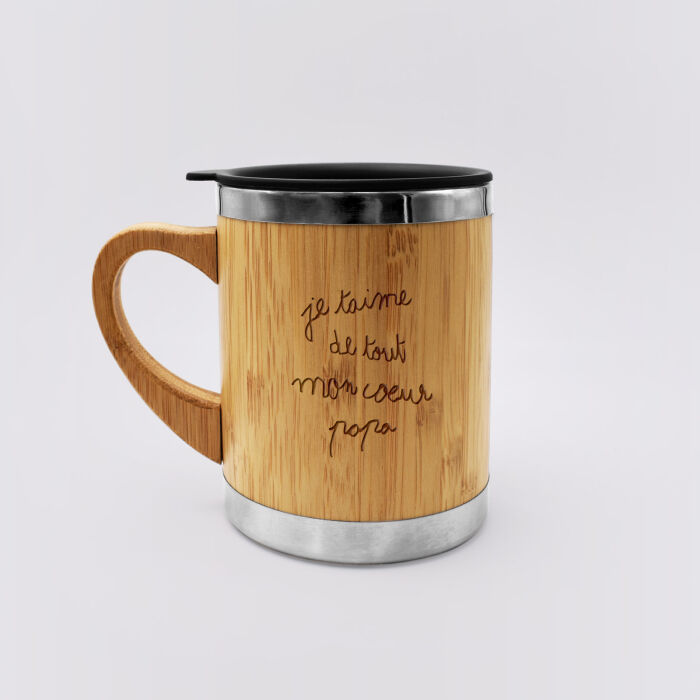 Mug isotherme personnalisé bambou gravé 300 ml - face écrit