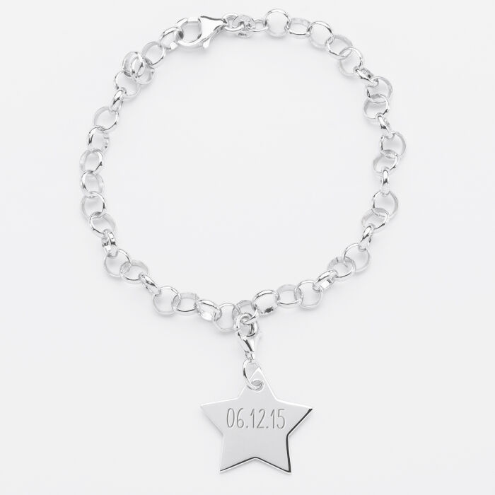 Bracelet personnalisé 1 charm étoile gravé argent 20x20mm - date
